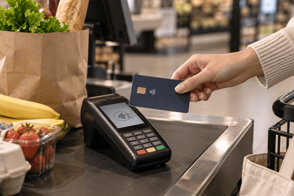 A hand tapping a credit card on a payment terminal at a grocery store checkout