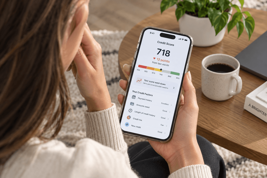 A person checking a credit score of 718 on a phone