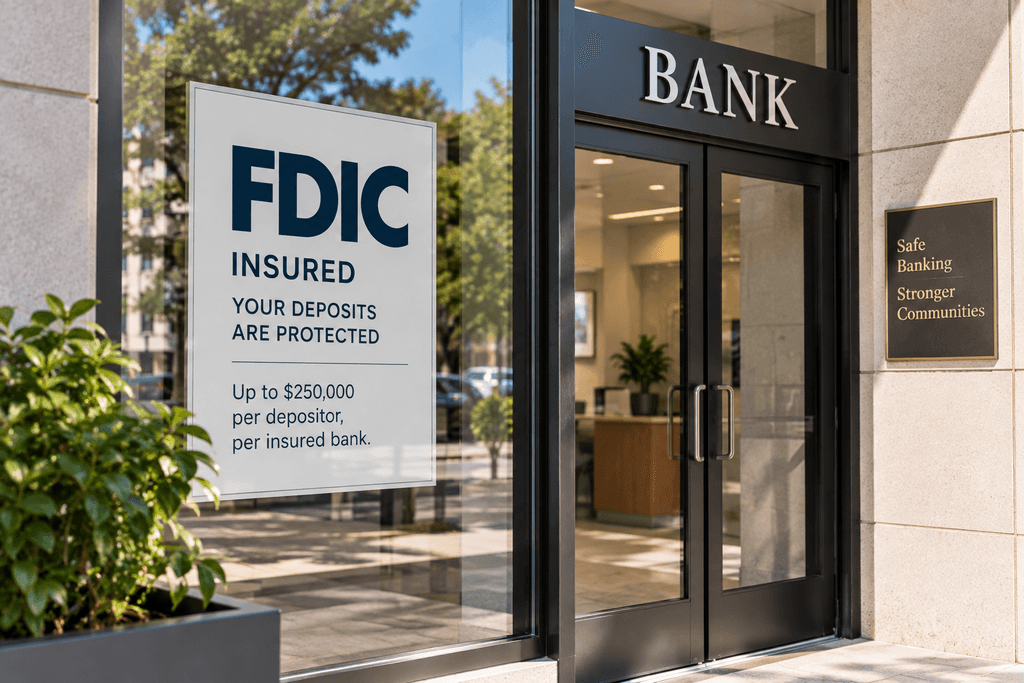 An FDIC insured sign at the entrance of a bank explaining that deposits are protected
