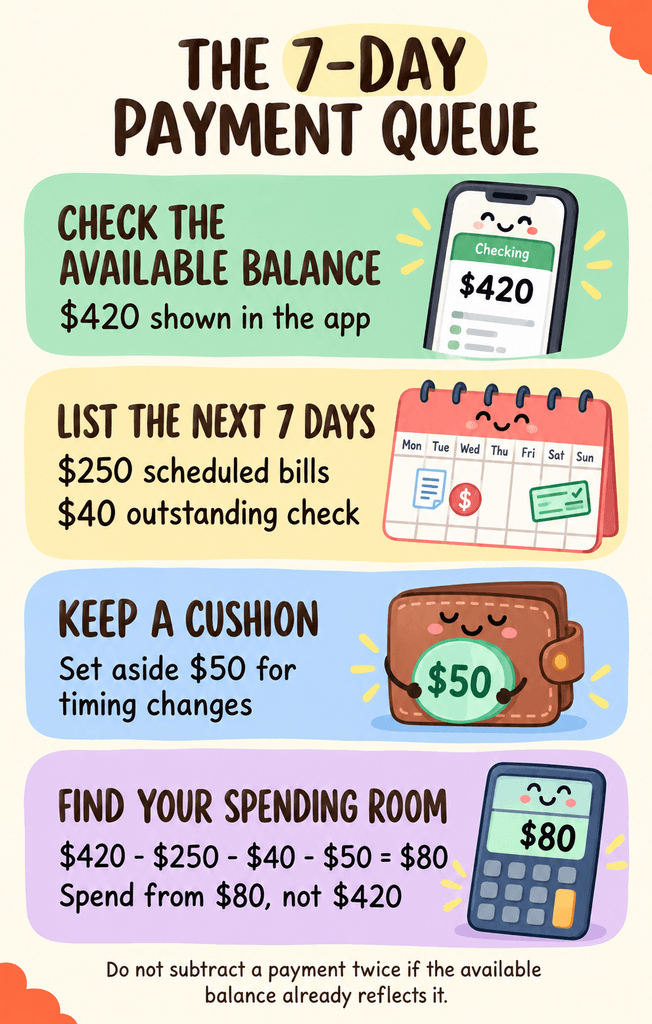 Infographic of a 7-day payment queue: check the balance, list upcoming bills, keep a cushion and find your real spending room