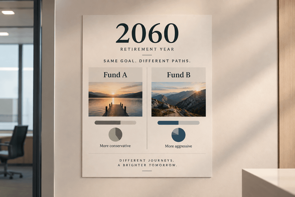 A poster for a 2060 retirement year showing Fund A and Fund B with different glide paths