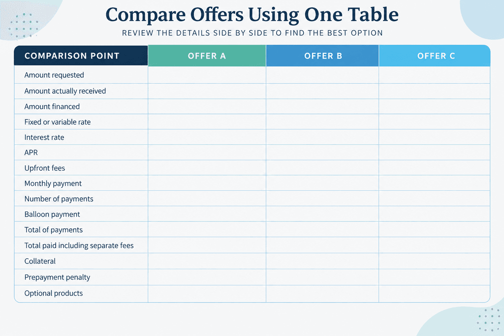 Loan comparison table with columns for amount received, APR, fees, monthly payment, term and total cost for each offer