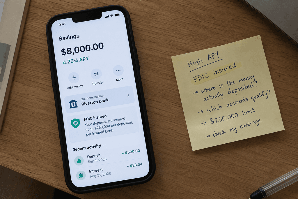 A phone showing an $8,000 savings balance next to a sticky note about FDIC insurance
