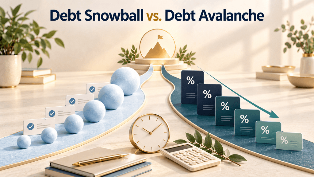 Small snowballs growing in a row beside blocks with percent signs, showing the debt snowball and debt avalanche methods