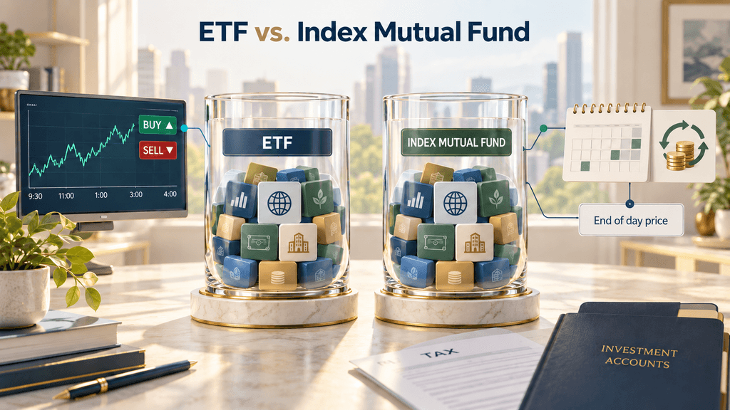 Two glass jars labeled ETF and Index Mutual Fund filled with blocks, with a stock chart in the background