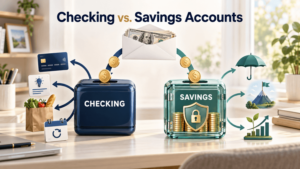Illustration of money moving between a checking account box and a savings account box
