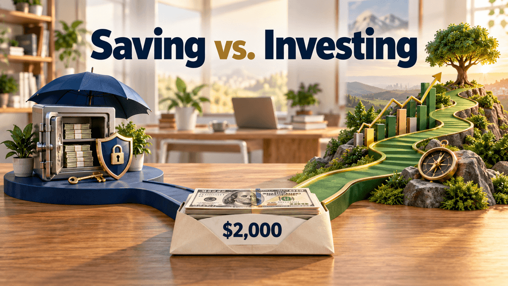A $2,000 stack of cash between a safe for saving and a growing green path for investing