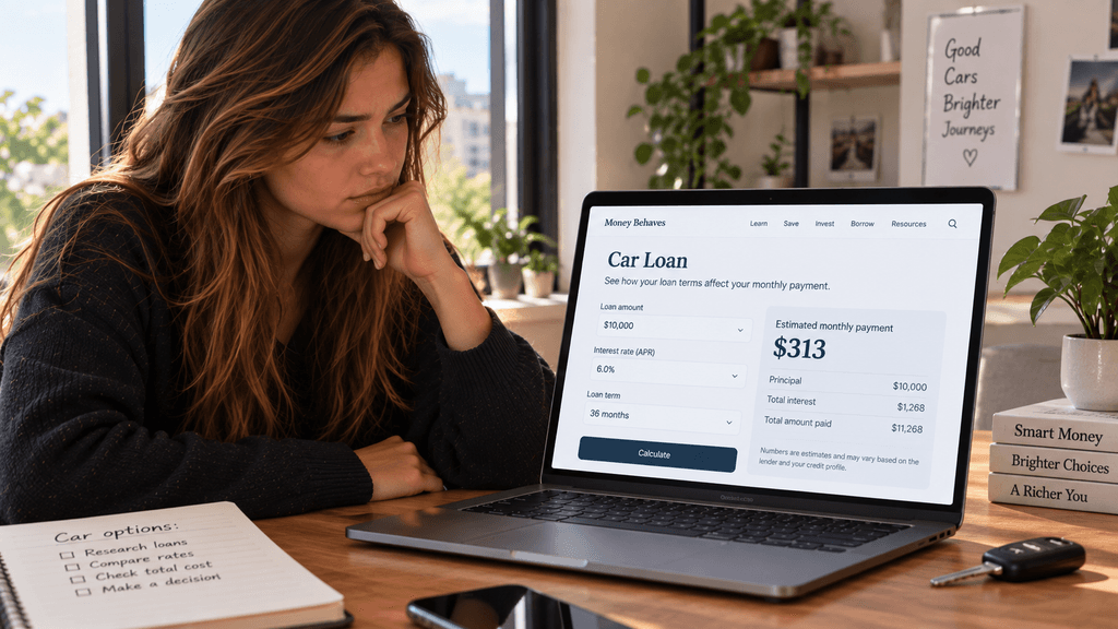 A worried woman looking at a car loan payment of $313 on her laptop