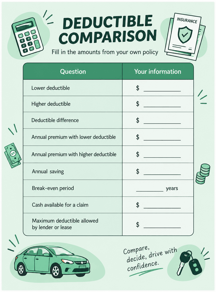 Worksheet to compare two car insurance deductibles with your own numbers