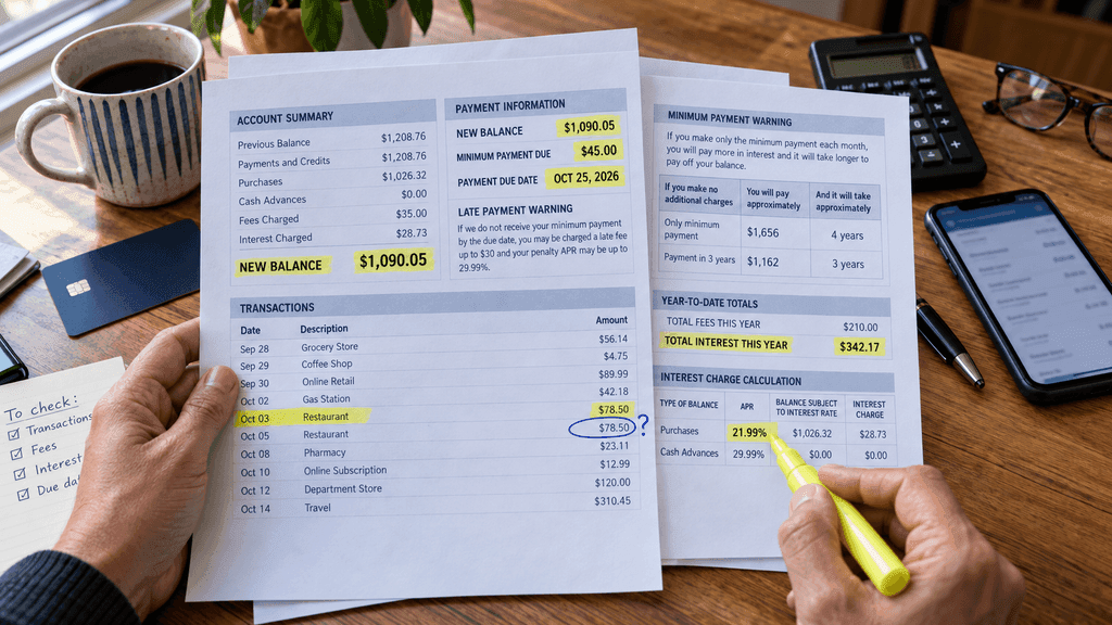 Person highlighting the new balance, minimum payment and interest section on a printed credit card statement