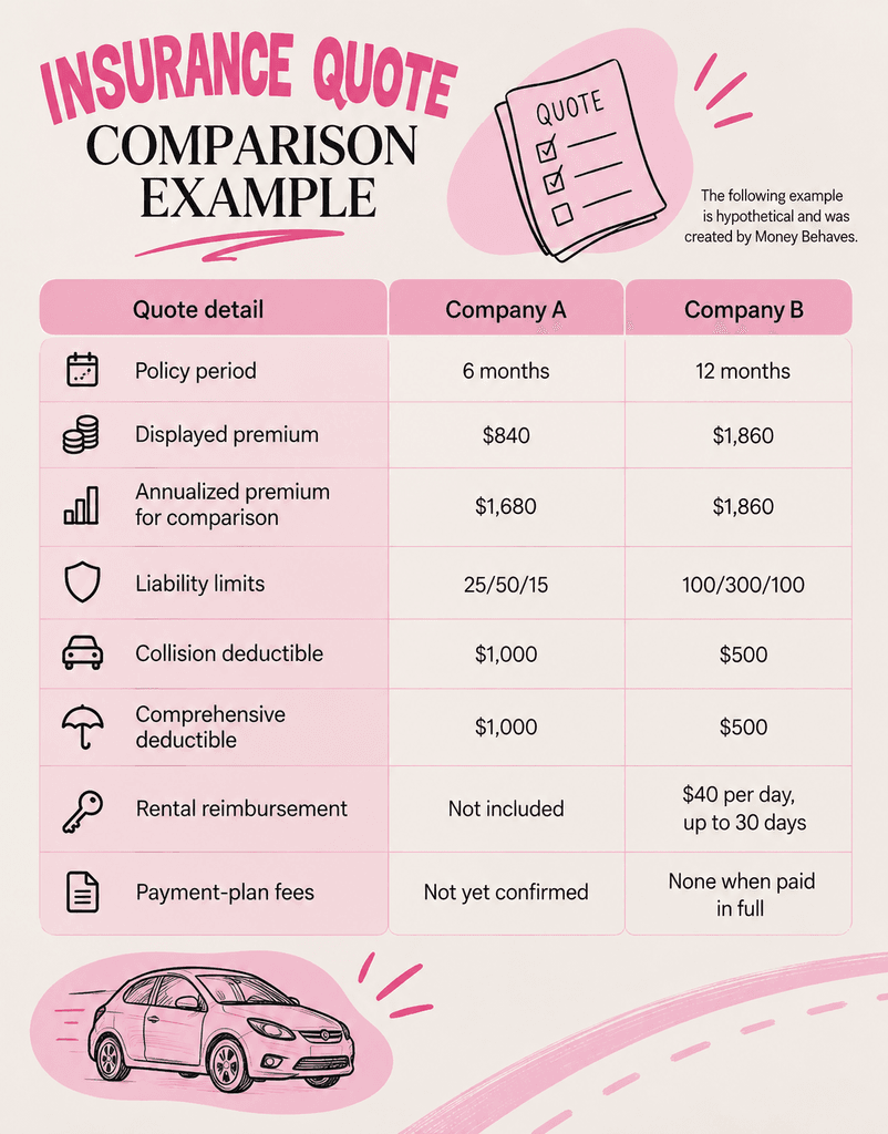 Insurance quote comparison table: policy period, premium, annualized price, liability limits, deductibles and rental reimbursement for two companies