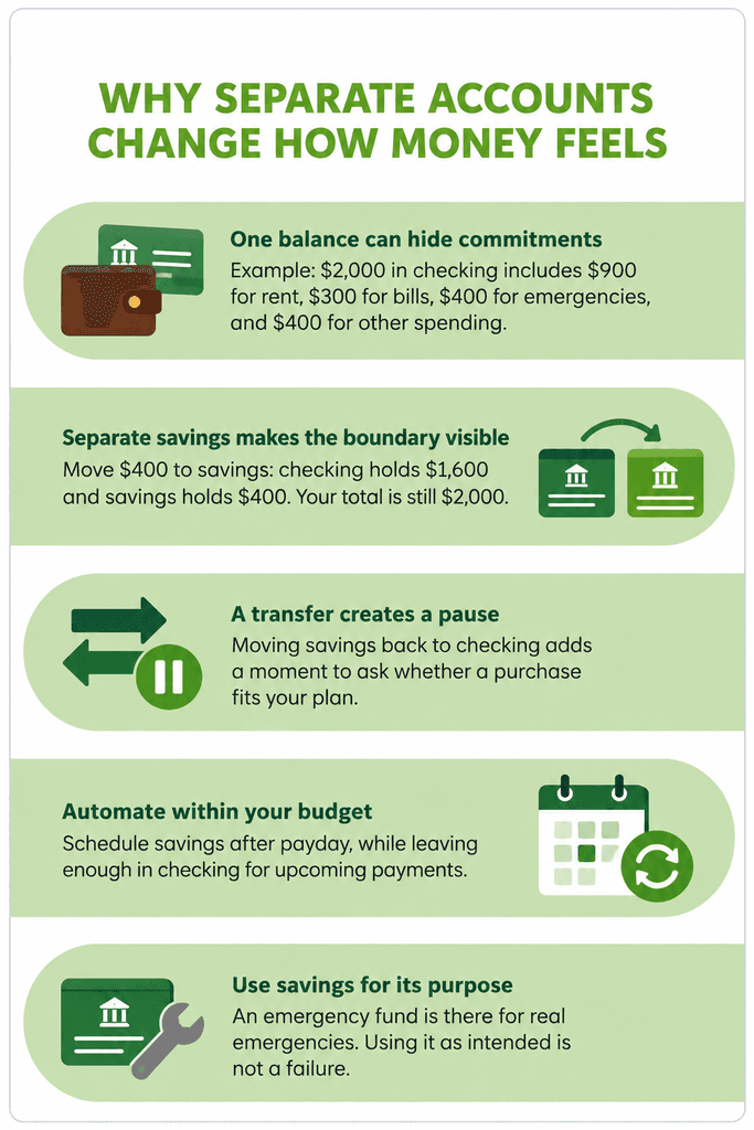 Infographic showing how separate checking and savings accounts make spending money easier to see