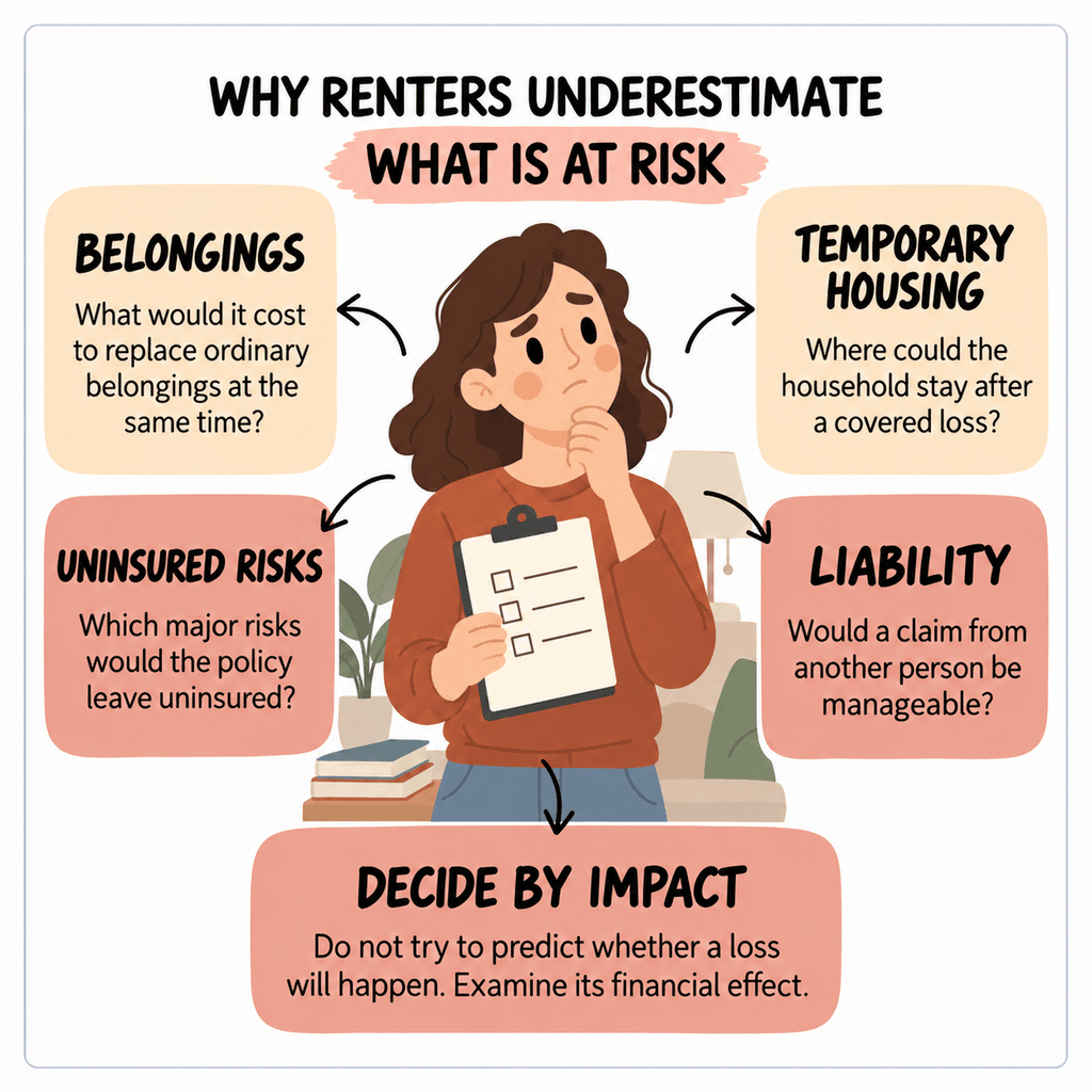Infographic on why renters underestimate risk: belongings, temporary housing, uninsured risks and liability