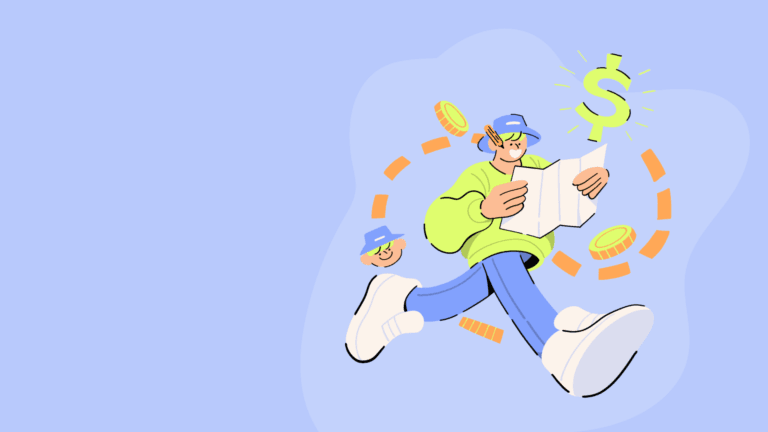 Illustration of a person walking with a map, surrounded by coins and a dollar sign, for a 90-day holiday debt payoff plan